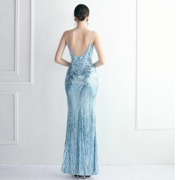 Blue, Geo Print, Sleeveless, Beaded Draped Back, V Neck, Sequined Merma… - Picture 7 of 16